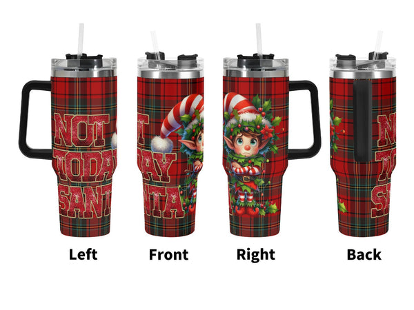 Not today Santa Plaid tumbler with Christmas-themed design on a white background