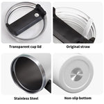 Not today Santa Product features including transparent cup lid, original straw, stainless steel, and non-slip bottom on a white background.