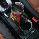 Not today Santa Red plaid travel mug with a black handle in a car cup holder.