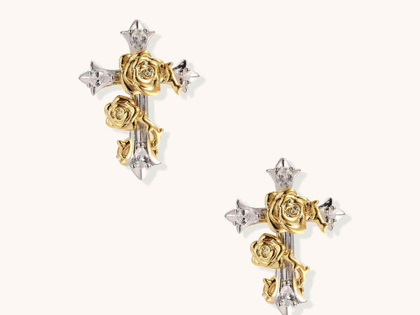 Ornate Rose Cross Earrings | 18K Gold Plated Floral Jewelry
