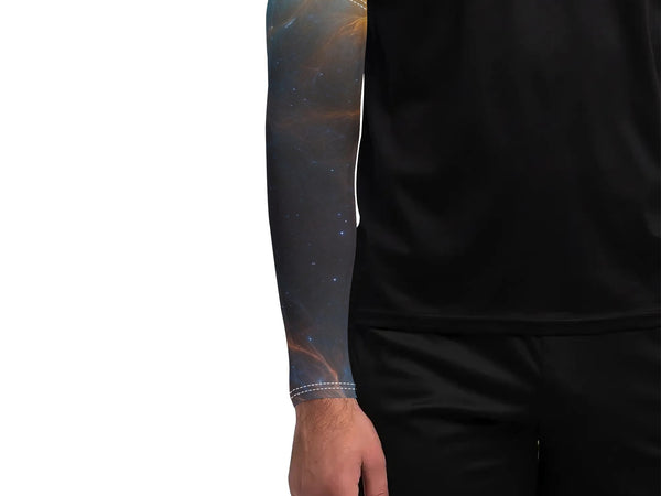 Person wearing a black sleeve with a colorful tattoo design on a white background