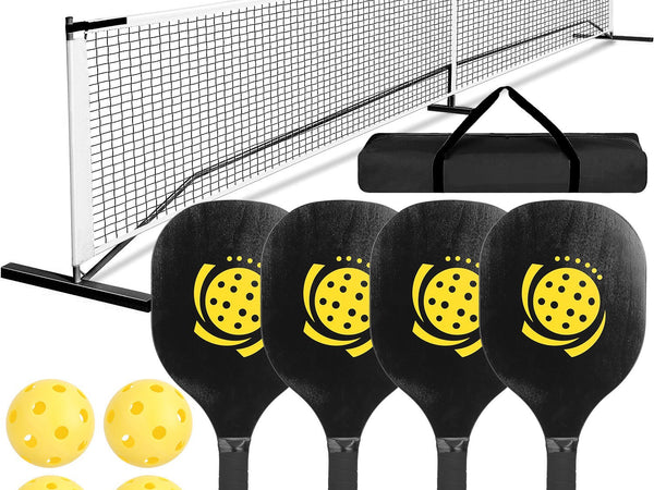 Pickleball set with net, paddles, and balls on a white background