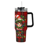 Plaid-patterned tumbler with a Christmas elf design on a white background