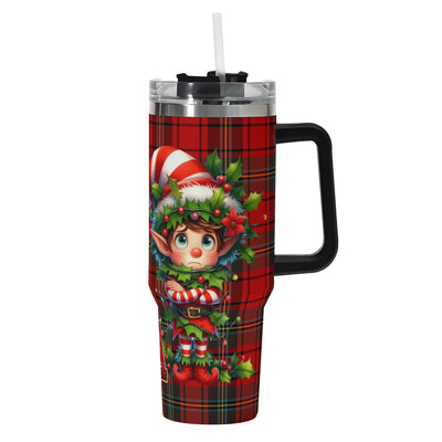 Plaid-patterned tumbler with a Christmas elf design on a white background