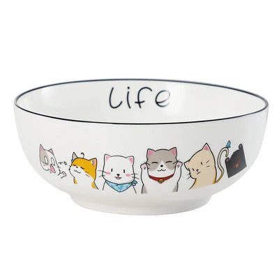 Cartoon Cat Life Ramen Noodle Bowl - white porcelain, multiple cartoon cats, 'Life' text | Our Phoenix Rise