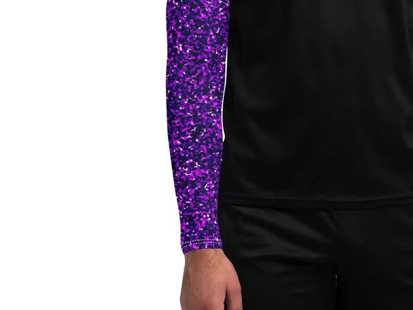 Purple camouflage arm sleeve worn by a person on a white background