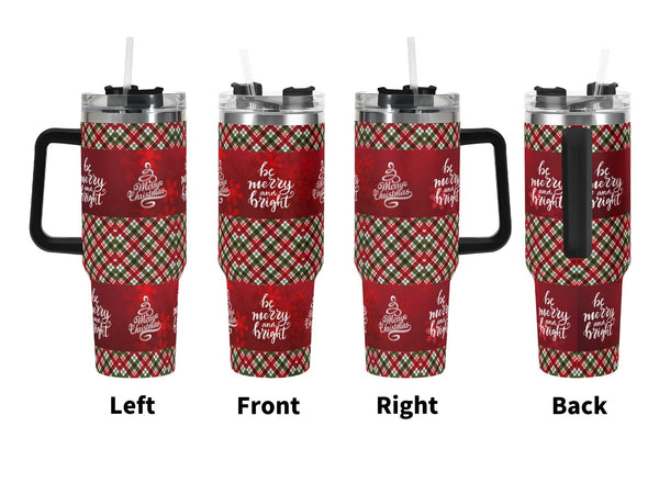 Red plaid tumblers with Christmas-themed text on a white background