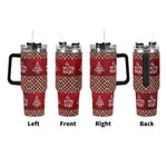 Red plaid tumblers with Christmas-themed text on a white background