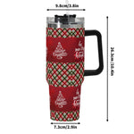 Red travel mug with Christmas design and measurements on a white background