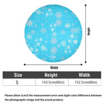Round blue mat with snowflake pattern and measurements on a white background
