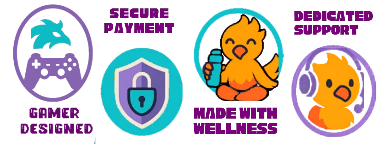 Trust Badges: Gamer Designed, Wellness, Secure, Support