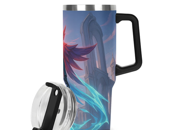 Stainless steel mug with black handle and clear lid on a white background