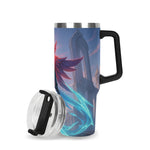 Stainless steel mug with black handle and clear lid on a white background