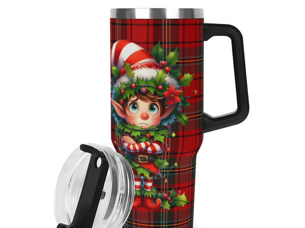 Travel mug with Christmas elf design on a red plaid pattern