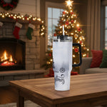 Travel mug with 'Merry Christmas' text and snowflake design on a white background