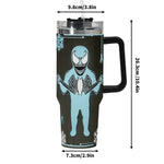 Travel mug with Spiderish design and measurements on a white background