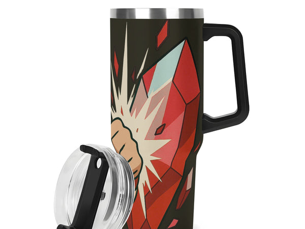 Travel mug with a colorful design on a white background