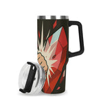 Travel mug with a colorful design on a white background