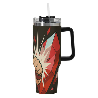 Travel mug with a graphic design of a fist and energy blast on a black background