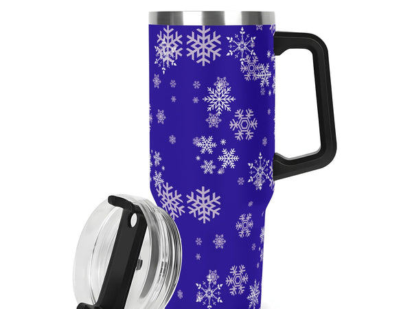 Travel mug with snowflake pattern on a white background