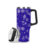 Travel mug with snowflake pattern on a white background