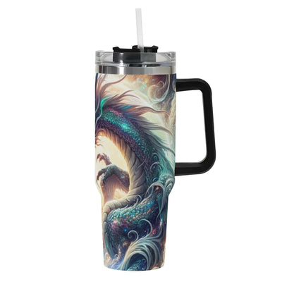 Tumbler with a Chinese inspired dragon design on a white background