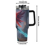 Tumbler with dragon design and measurements on a white background