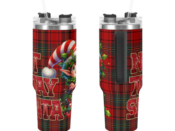 Two Christmas-themed tumblers with plaid patterns and festive designs on a white background.