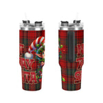 Two Christmas-themed tumblers with plaid patterns and festive designs on a white background.