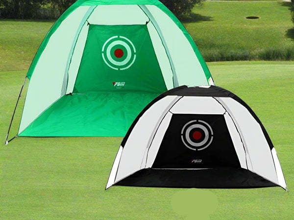 Two golf practice nets, one green and one black and white, on a white background.