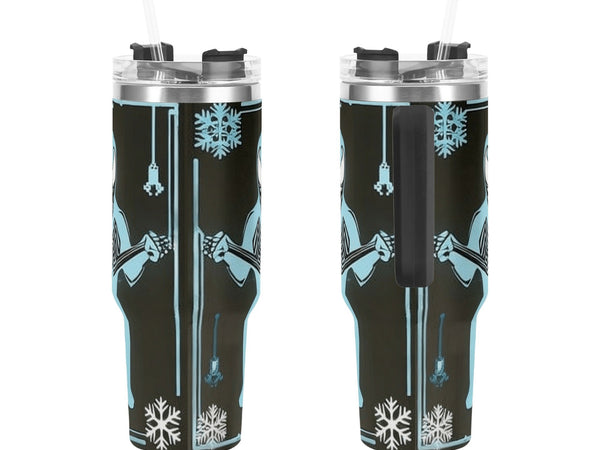 Two insulated tumblers with a winter-themed design on a white background