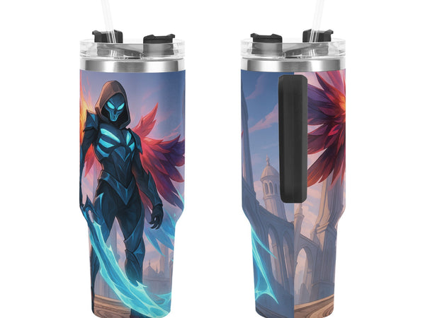 Two insulated tumblers with superhero design on a white background