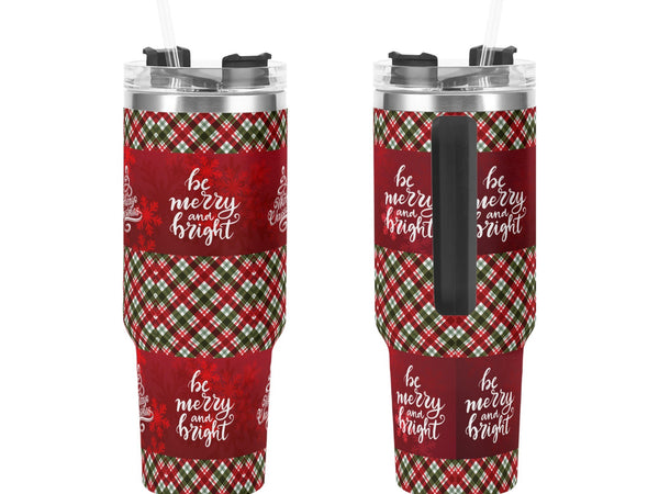 Two red plaid tumblers with 'be merry and bright' text on a white background