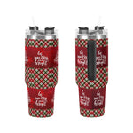 Two red plaid tumblers with 'be merry and bright' text on a white background