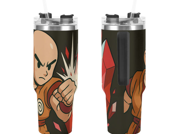 Two tumblers with a character design on a white background