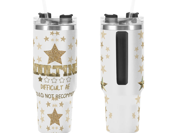 Two white tumblers with gold star designs and text on a white background