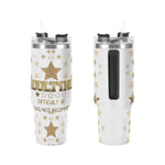 Two white tumblers with gold star designs and text on a white background