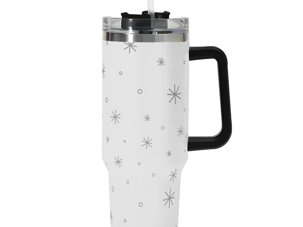 White Minimalist Snowflake tumbler with black star pattern, black handle, and straw on a white background