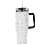 White Minimalist Snowflake tumbler with black star pattern, black handle, and straw on a white background