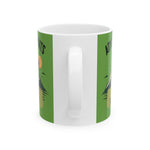 White mug with green stripes featuring nature illustrations on a white background