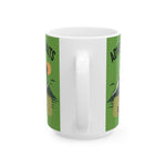 White mug with green stripes featuring text and graphics on a white background