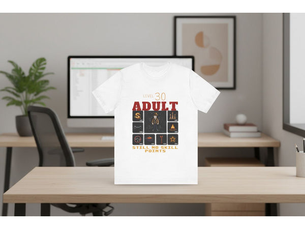 White t-shirt with graphic design and text on a white background