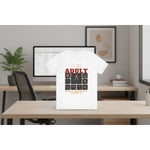 White t-shirt with graphic design and text on a white background
