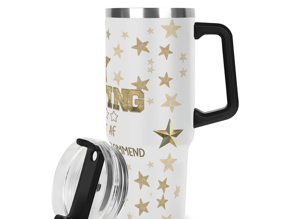 White travel mug with gold stars and text on a white background