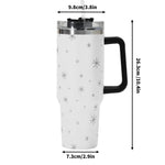 White tumbler with black star pattern and handle, shown with dimensions on a white background