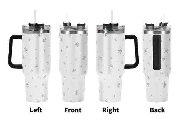 White tumbler with black star patterns and black handles on a white background