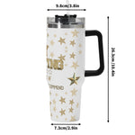 White tumbler with gold stars and text, dimensions displayed