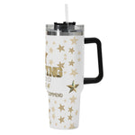 White tumbler with gold stars and text on a white background