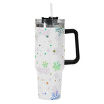 White tumbler with snowflake designs on a white background