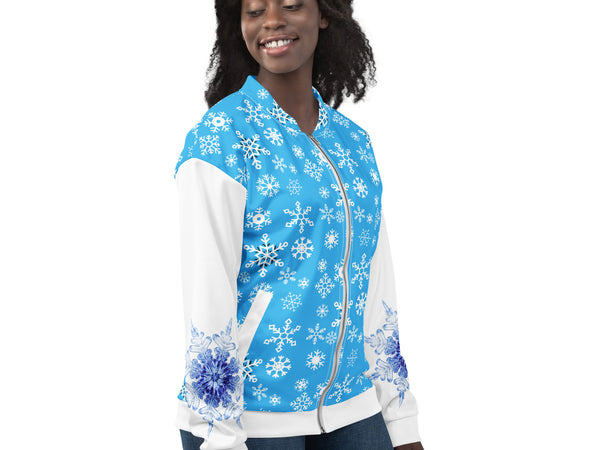 Woman wearing all-over-print-unisex-bomber-jacket-white-right